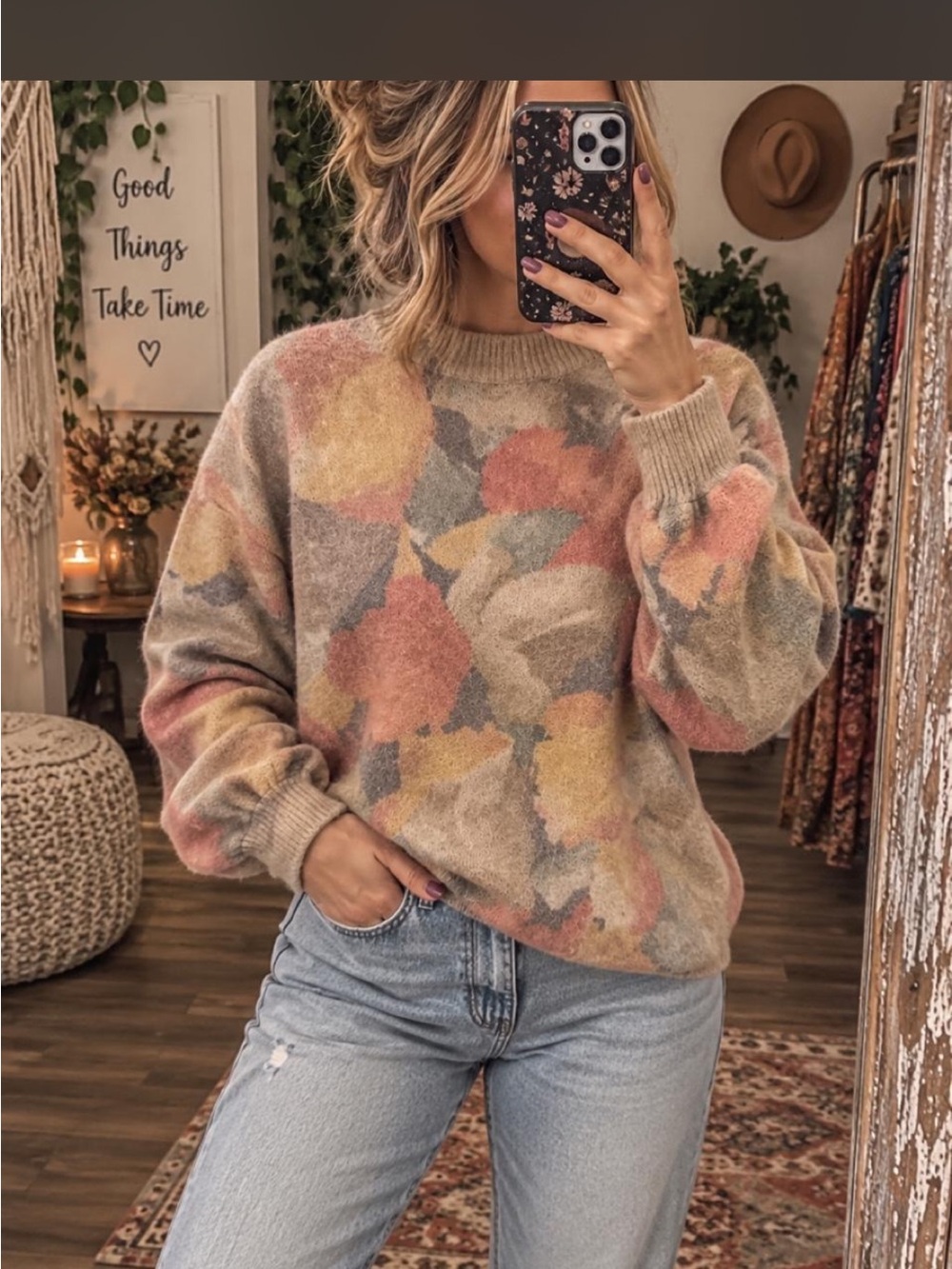 Fuzzy Mock Neck Autumn Leaf Print Sweater | Soft Cozy Pullover